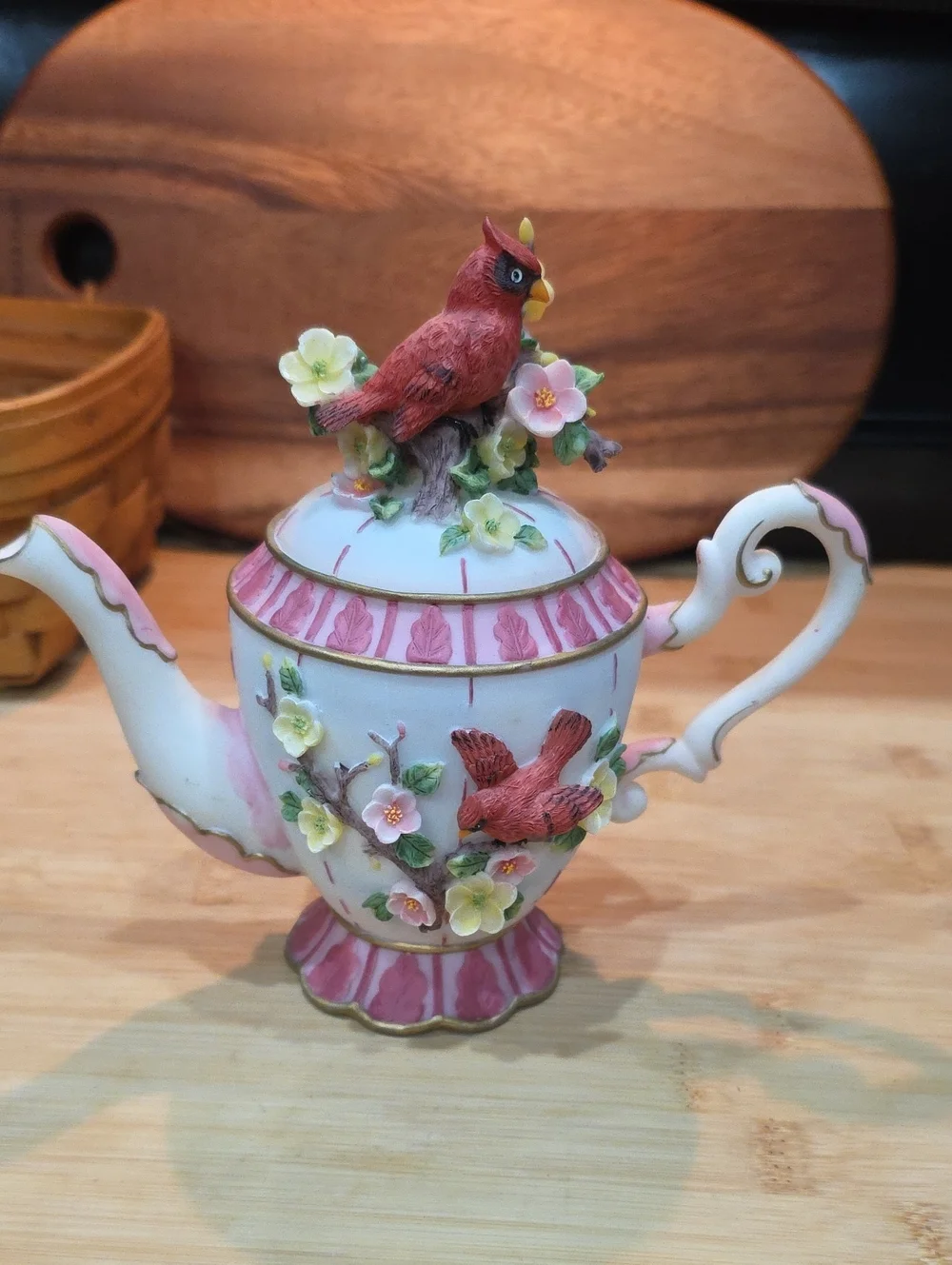 Porcelain Bird Teapot Figurine in Pink and Red - Decorative Pet Bird Accent